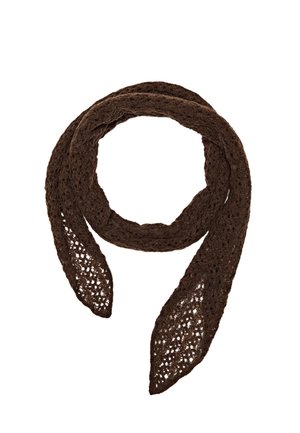 Dark brown knitted scarf with a delicate openwork pattern, folded in a loop with pointed ends, isolated on a white background.