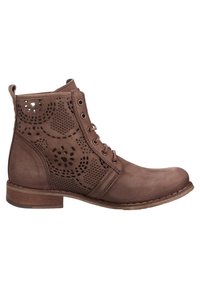 Botas de cuero marrón hasta el tobillo con patrones florales recortados, puntera redondeada, cordones en la parte delantera y tacón bajo apilado. Textura suave con acentos en contraste.