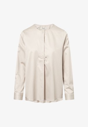 Beige langärmliges Hemd aus glattem Stoff, mit Rundhalsausschnitt, Knopfverschluss mit einer kleinen Akzentuierung und lockerer Passform.