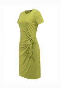 Robe vert citron à manches courtes, longueur genou, avec un col rond et un tissu froncé noué à la taille.