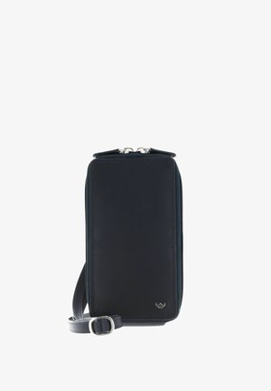 Black rectangular leather crossbody bag with silver buckle and dual zipper closure, featuring a small winged logo on the bottom corner.