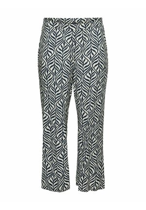 Pantalon à motifs avec un design de feuilles bleu marine sur fond crème. Confectionné en tissu léger avec une coupe droite et une ceinture élastique.