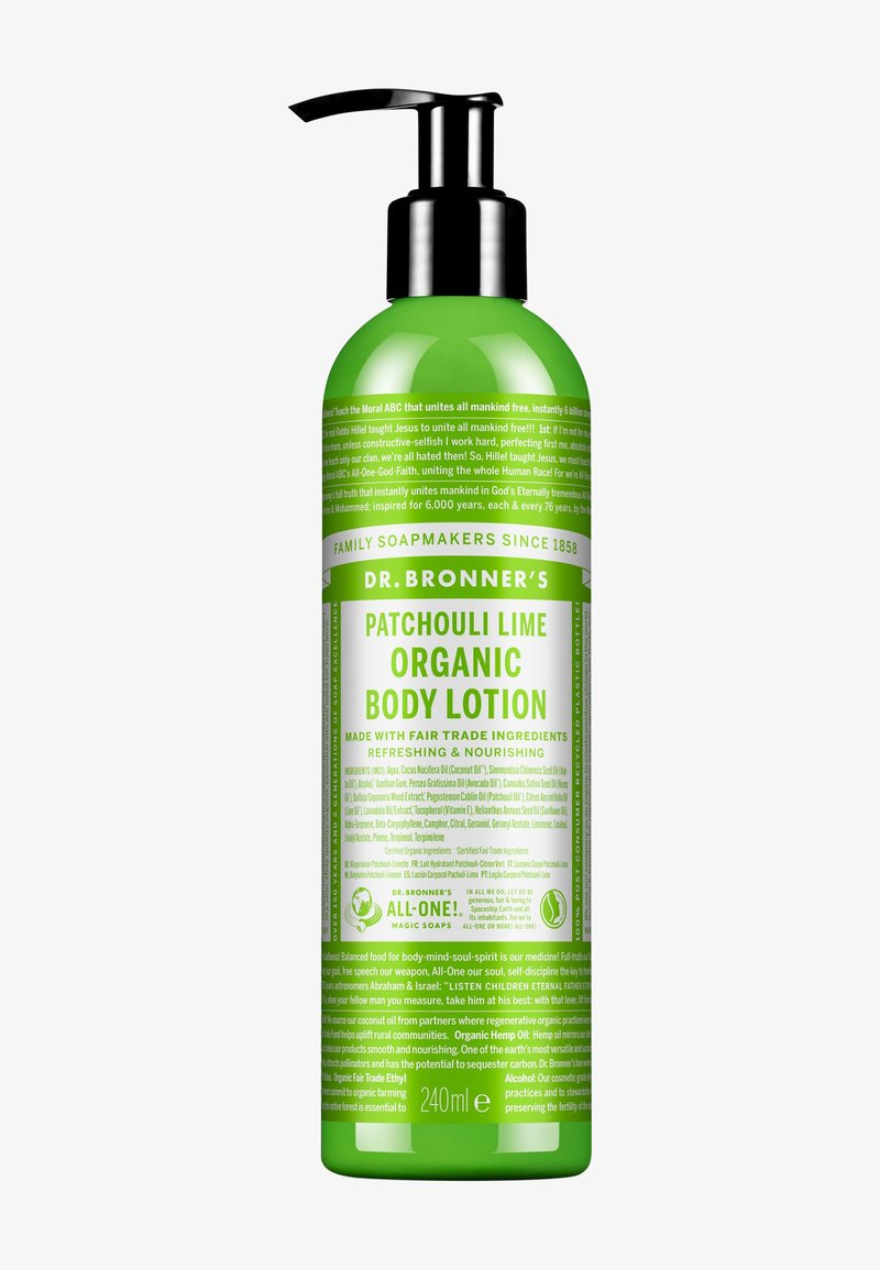Bouteille verte avec pompe noire étiquetée Dr. Bronner’s Patchouli Lime Organic Body Lotion, 240 ml, fabriquée avec des ingrédients issus du commerce équitable.