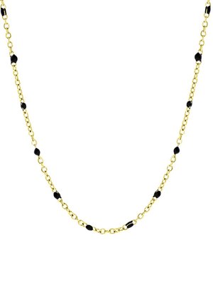 Gouden ketting met zwarte kraalaccenten, kleine ovale schakels en een gladde, glanzende textuur. De lengte is verstelbaar voor een goede pasvorm.