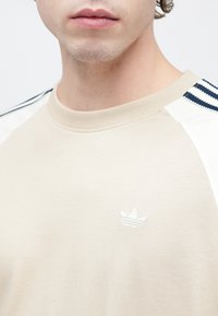 Μπεζ φούτερ με στρογγυλή λαιμόκοψη, διακοσμημένο με λευκές επενδύσεις στους ώμους και θαλασσί ρίγες. Μικρό λευκό λογότυπο στο στήθος. Ομαλή υφή.