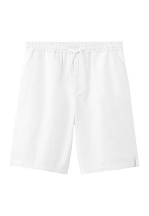 Pantaloncini bianchi fino al ginocchio con vita elasticizzata, coulisse, tasche laterali e piccole spacchetti laterali sull'orlo.