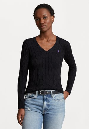 CABLE KNIT COTTON V NECK SWEATER - Strikkegenser - black
