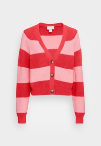 Rood- en roze gestreepte cardigan met V-hals, lange mouwen, knoopsluiting en geribbelde zoom. Gemaakt van een getextureerde gebreide stof.