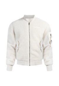 Chaqueta bomber de piel sintética blanca con puños y dobladillo de canalé, cierre frontal con cremallera, bolsillos laterales y un bolsillo con cremallera en la manga con una etiqueta.