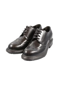 Scarpe brogue in pelle nera con perforazioni dettagliate, punta arrotondata e finitura liscia. Presentano un design con lacci e una suola resistente.