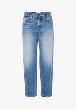 Hellblaue Jeans aus Denim mit geradem Bein, dezenten Fade-Effekten, Fünf-Taschen-Stil und einem Metallknopfverschluss.