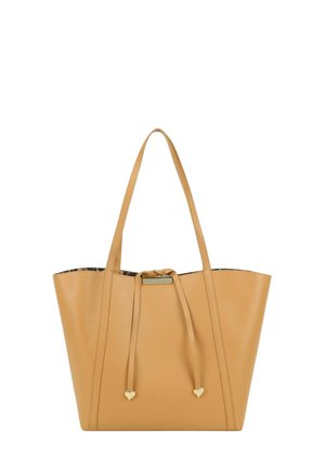Borsa tote in pelle color cuoio con manici lunghi, chiusura con coulisse e piccoli dettagli dorati a forma di cuore alle estremità del cordino.