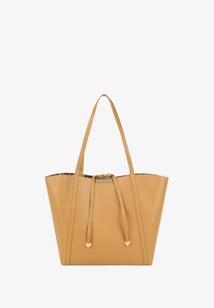 Borsa tote in pelle color cuoio con manici lunghi, chiusura con coulisse e piccoli dettagli dorati a forma di cuore alle estremità del cordino.