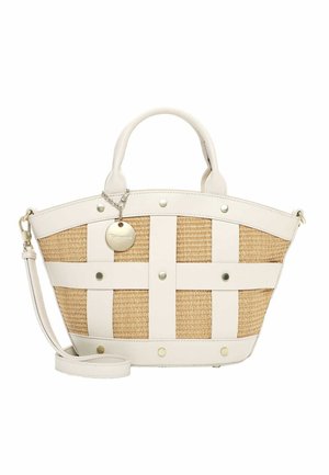 Borsa a tracolla intrecciata in paglia con cinturini e manici in pelle bianca, rivetti d'argento, tracolla rimovibile e targhetta rotonda d'argento con il marchio.
