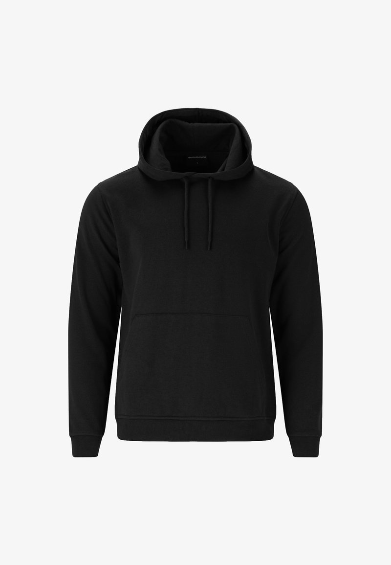 Haut à capuche noir en tissu doux, avec une poche avant, des cordons ajustables et des poignets et un ourlet côtelés. Design simple et minimal.