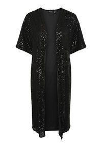 Jachetă kimono neagră cu paiete, cu deschidere frontală, mâneci scurte și o croială lejeră. Partea exterioară are o textură strălucitoare, iar interiorul este neted.