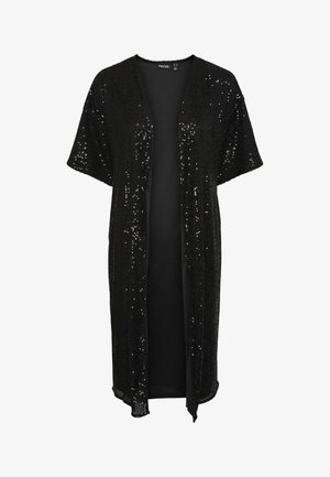 Kimono en sequins noirs avec une ouverture à l'avant, des manches courtes et une coupe fluide. L'extérieur présente une texture scintillante et un intérieur lisse.