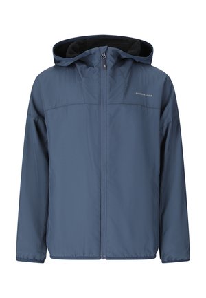Blaue Kapuzenjacke mit durchgehendem Frontreißverschluss und weichem Innenfutter, mit dem Wort "ENDURANCE" auf der Brust.