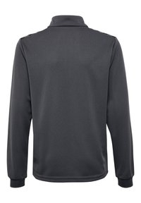 Donkergrijs polo shirt met lange mouwen, een gestructureerd oppervlak, staande kraag en ribgebreide manchetten. Beschikt over schouderaccenten en een rechte zoom.