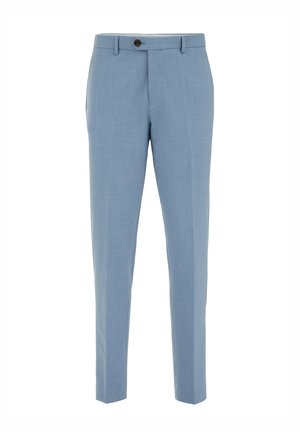 Light blue tailored trousers with a flat front, slim fit design, single button closure, and minimal texture.