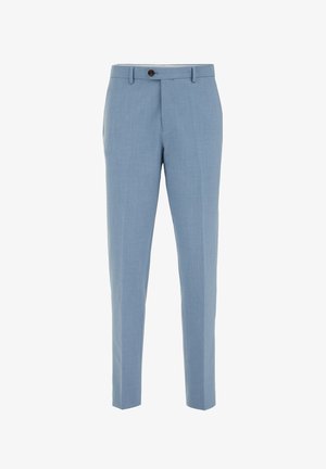 Hellblaue, maßgeschneiderte Hose mit flachem Frontdesign, schmaler Passform, einem Knopfverschluss und minimaler Textur.