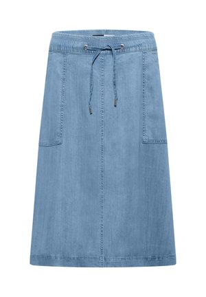 Lyseblå denim A-formet nederdel med elastisk talje, snøre, forlommer og lodrette sømdetaljer.