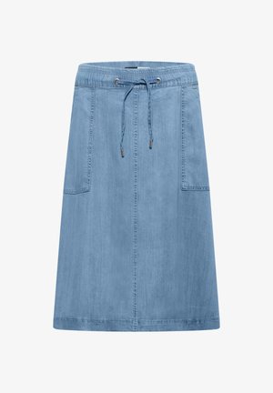 Lyseblå denim A-formet nederdel med elastisk talje, snøre, forlommer og lodrette sømdetaljer.