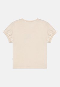 Licht beige kortarm t-shirt met een ronde hals. Zacht materiaal en een eenvoudig ontwerp. Geen zichtbare patronen of hardware-details.