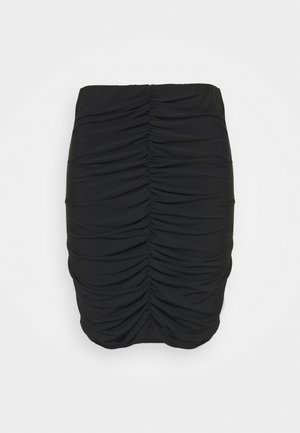 Mini-jupe noire froncée avec des détails en tissu élastiqué et froncé au centre devant.