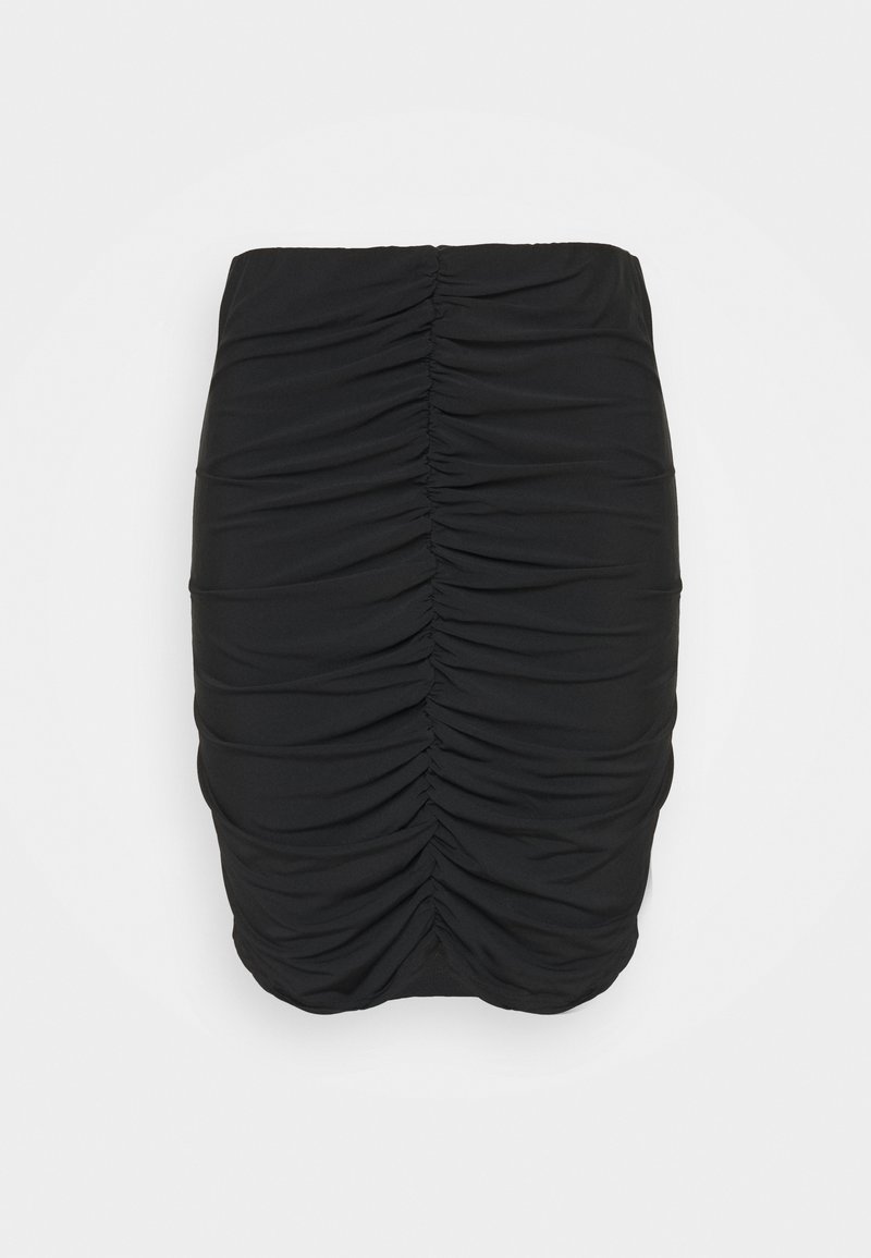 Mini-jupe noire froncée avec des détails en tissu élastiqué et froncé au centre devant.