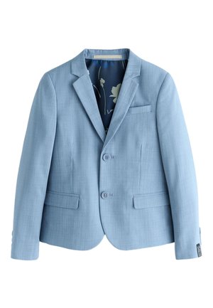Svetlomodré šité sako s dvoma gombíkmi, vykrojenými klopami, prednými klopovými vreckami a vnútornou podšívkou s kvetinovým vzorom.