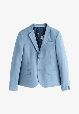 Hellblauer maßgeschneiderter Blazer mit zwei Knöpfen, Kerbkragen, vorderen Klappentaschen und einem innen floral gemusterten Futter.