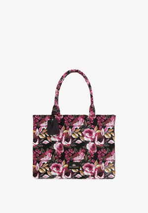 Blumenstofftasche mit schwarzem Hintergrund, verziert mit rosa und goldenen Blumen, texturiertem Gewebe und zwei stabilen Griffen. Inklusive eines schwarzen Lederschilds.
