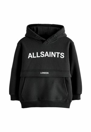 Svart huvtröja med "ALLSAINTS" i stora vita bokstäver och "LONDON" i mindre vit text under bröstfickan.