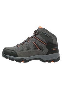 Graue Wanderschuhe aus synthetischem Wildleder und Mesh-Obermaterial. Mit orangefarbenen Akzenten, gummierter Zehenkappe und gepolsterter Sohle für besseren Halt. Wasserdicht.