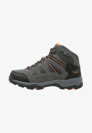 Graue Wanderschuhe aus synthetischem Wildleder und Mesh-Obermaterial. Mit orangefarbenen Akzenten, gummierter Zehenkappe und gepolsterter Sohle für besseren Halt. Wasserdicht.