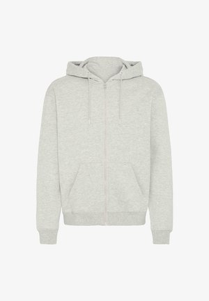 Svetlosivá mikina na zips vyrobená z mäkkej látky, s prednou kapsou, kapucňou na šnúrku a rebrovanými manžetami a lemom.
