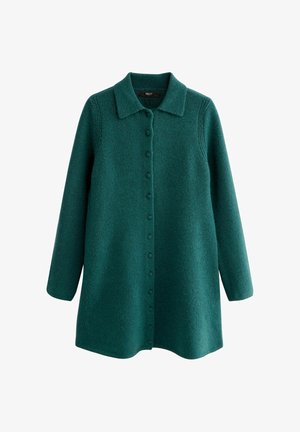 Teal uldfrakke med krave, seks knaplukninger foran, lange ærmer og tekstureret stof. Skræddersyet pasform, let udvidet design.