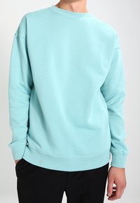 Sudadera de color turquesa claro hecha de una tela suave, con un cuello redondo, puños y dobladillo acanalados. Textura suave, corte holgado, diseño liso.