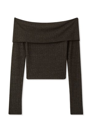 Top a spalle scoperte, rigato in grigio scuro. Caratterizzato da maniche lunghe e una vestibilità crop con una texture morbida.
