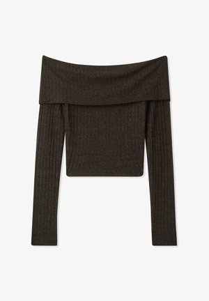 Top a spalle scoperte, rigato in grigio scuro. Caratterizzato da maniche lunghe e una vestibilità crop con una texture morbida.
