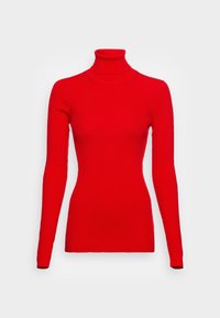 Punainen urheilu turtleneck-neulepaita, jossa on pitkät hihat, tiukka malli ja pehmeä rakenne. Korkea kaulus ja tasainen väri ilman ylimääräisiä kuvioita.