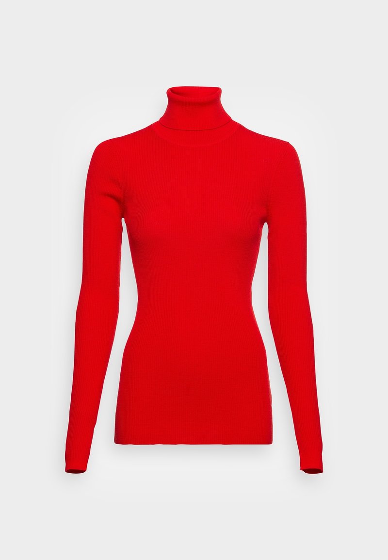 Punainen urheilu turtleneck-neulepaita, jossa on pitkät hihat, tiukka malli ja pehmeä rakenne. Korkea kaulus ja tasainen väri ilman ylimääräisiä kuvioita.