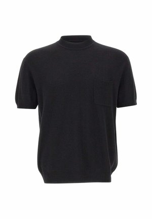 Maglione nero a maniche corte in maglia con taschino sul petto e bordo a costine su collo, polsini e orlo.