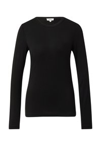 Czarna koszula z długim rękawem w dopasowanym kroju, wykonana z gładkiej, elastycznej tkaniny. Posiada okrągły dekolt i subtelne akcenty szwów.