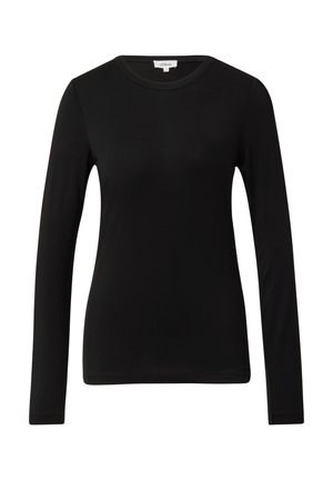 Schwarzes langärmliges Shirt in figurbetontem Design, gefertigt aus glattem, elastischem Stoff. Verfügt über einen Rundhalsausschnitt und dezente Nahtakzente.