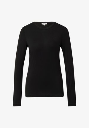 Schwarzes langärmliges Shirt in figurbetontem Design, gefertigt aus glattem, elastischem Stoff. Verfügt über einen Rundhalsausschnitt und dezente Nahtakzente.