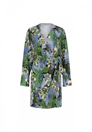 Blumenkleid mit Wickeloptik in den Farben Grün, Blau und Schwarz, mit langen Ärmeln und einem Taillengürtel. Hergestellt aus leichtem Stoff mit glatter Oberfläche.