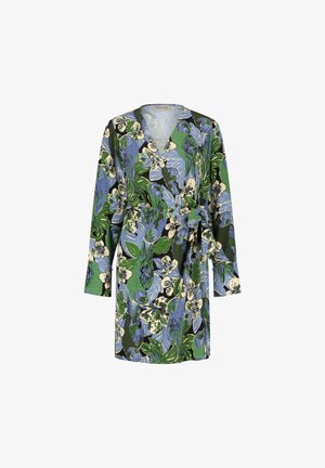 Floral wrap dress featuring green, blue, and black colors, with long sleeves and a tie waist. Made of lightweight fabric with a smooth texture.