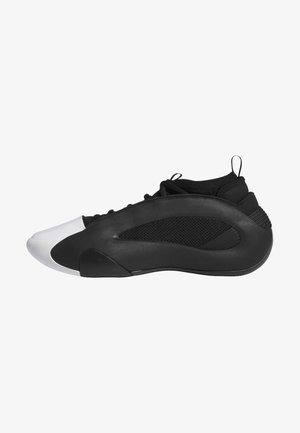 Pantofii sport negri au un superior din plasă texturată, talpă solidă din cauciuc negru și un vârf alb contrastant. Design elegant, cu profil joasă.